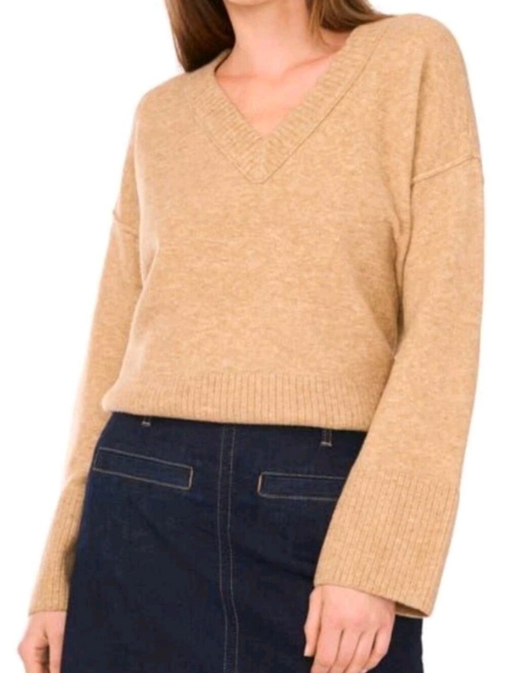 Vince Camuto Latte Heather High-Low V-Neck Long Sleeve Sweater